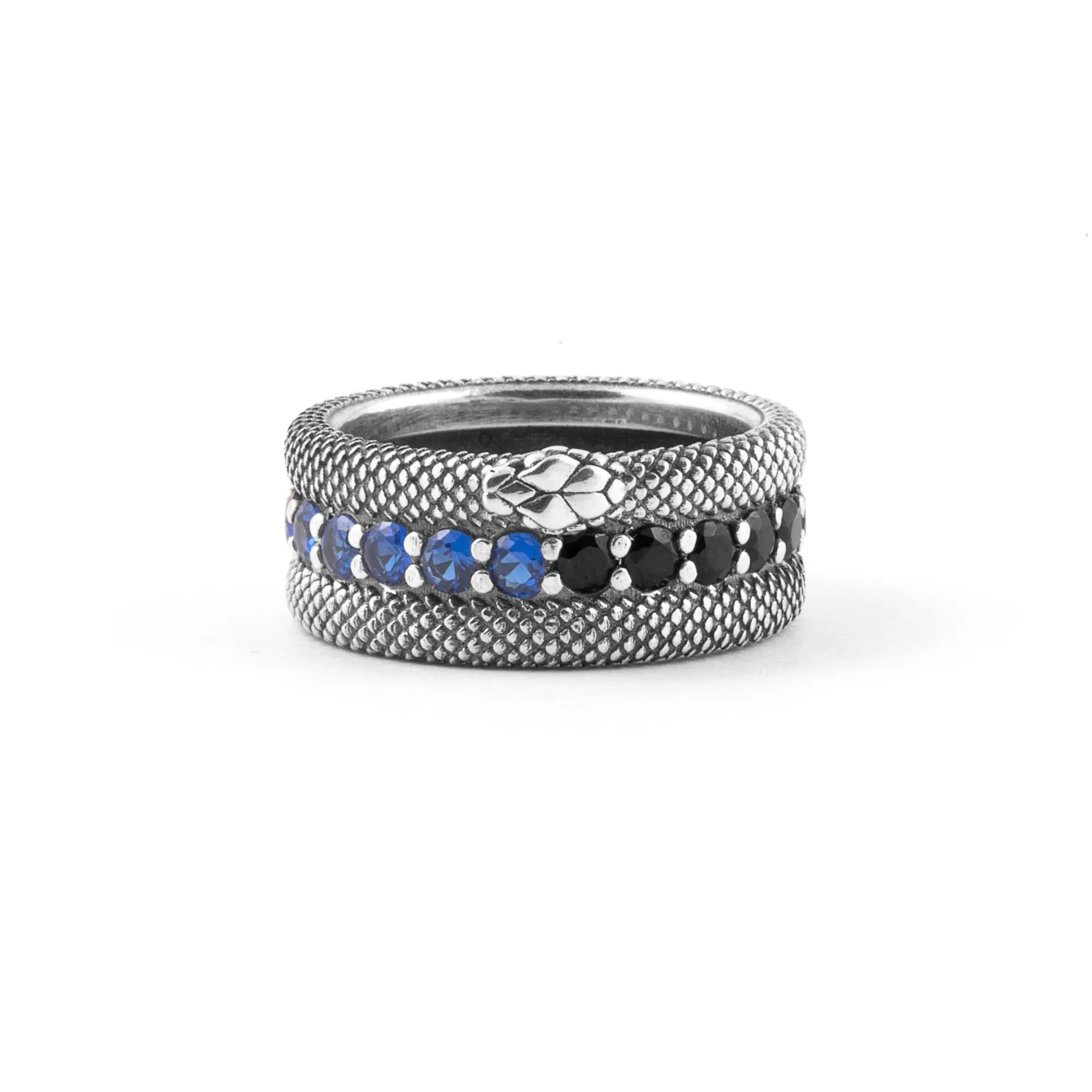 Inter Gioielli^IM X NOVE25 ANELLO FASCIA SQUAMATA CON BRILLANTI NERAZZURRI SILVER