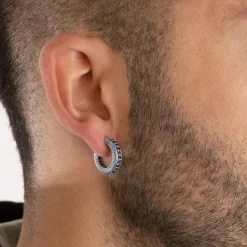 Inter Gioielli^IM X NOVE25 ORECCHINO A CERCHIO SQUAMATO CON BRILLANTI NERAZZURRI SILVER